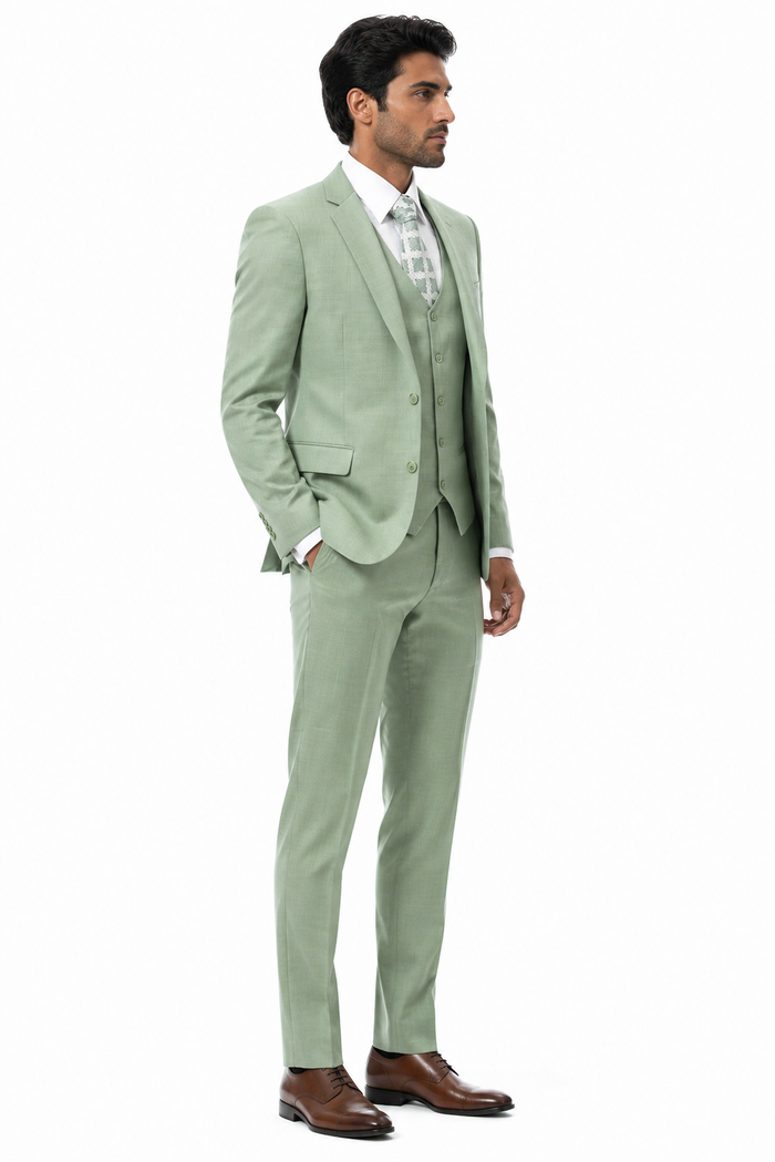 Mens Modern Fit Two Button Vested Notch Lapel Sharkskin Business Suit in Moss Green