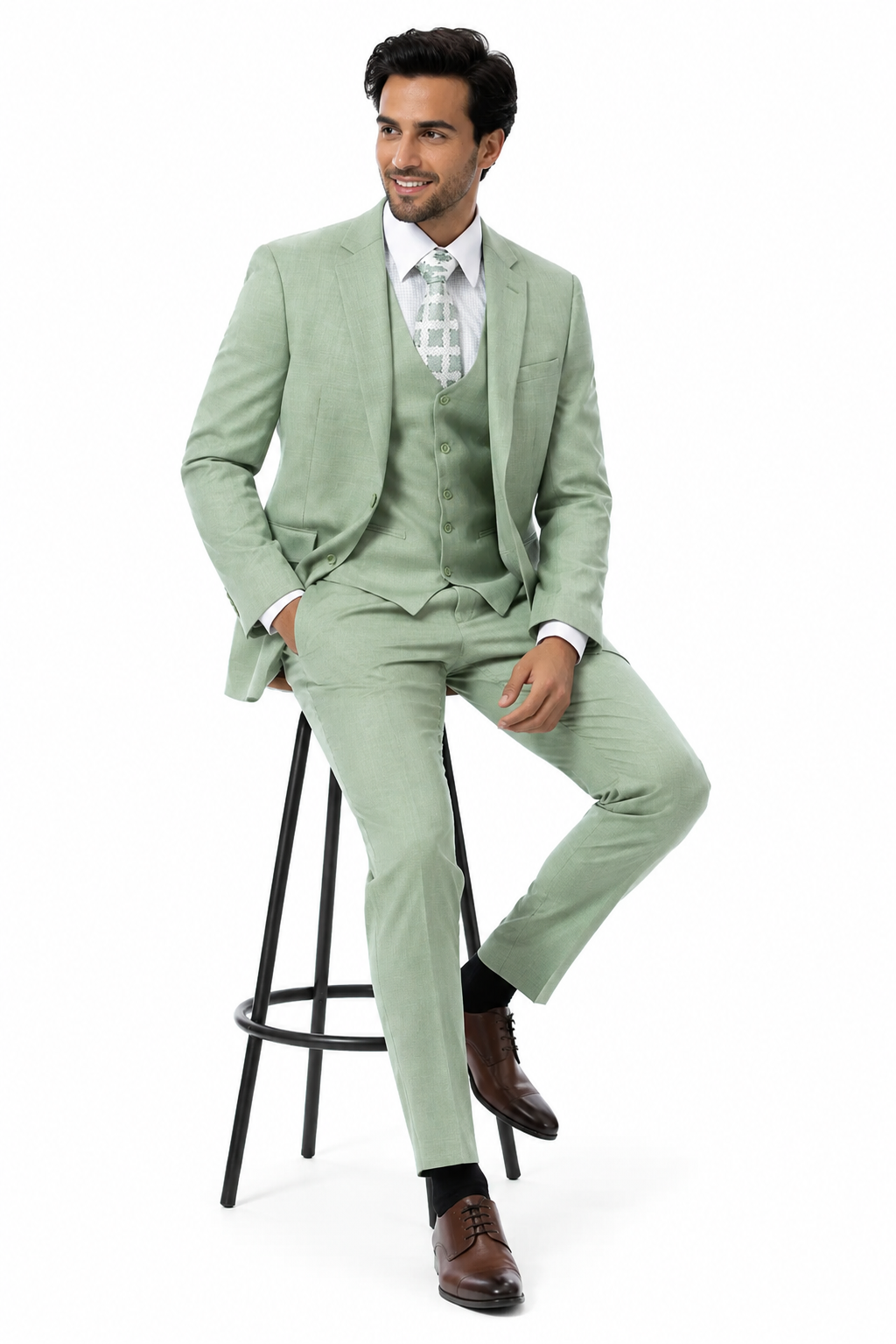 Mens Modern Fit Two Button Vested Notch Lapel Sharkskin Business Suit in Moss Green