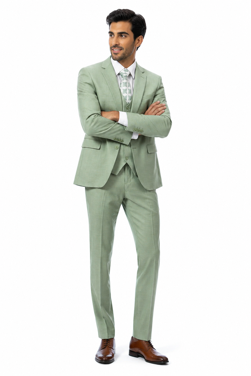 Mens Modern Fit Two Button Vested Notch Lapel Sharkskin Business Suit in Moss Green