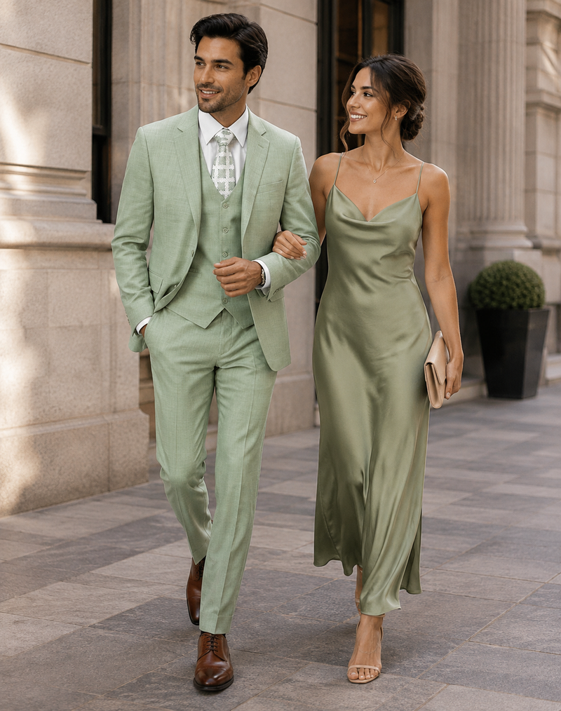 Mens Modern Fit Two Button Vested Notch Lapel Sharkskin Business Suit in Moss Green