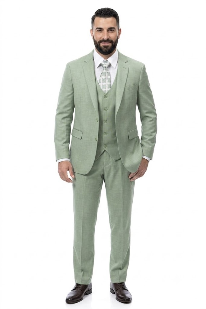 Mens Modern Fit Two Button Vested Notch Lapel Sharkskin Business Suit in Moss Green