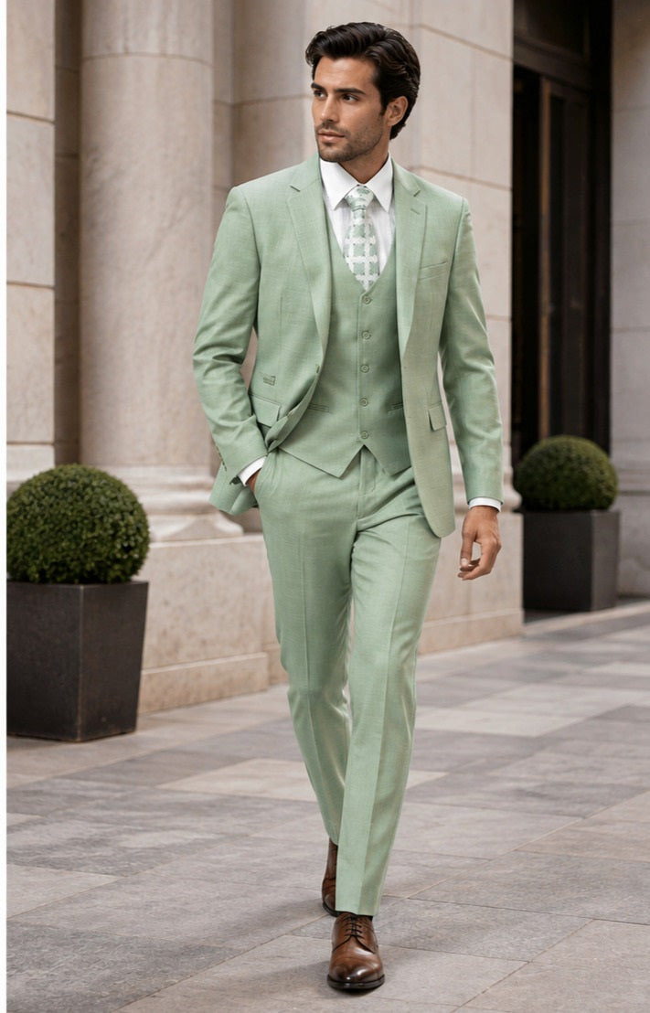 Mens Modern Fit Two Button Vested Notch Lapel Sharkskin Business Suit in Moss Green