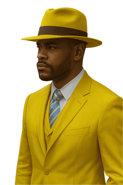 Yellow zoot suit: single-breasted jacket, wide lapels, textured fabric. Matching wide-brimmed hat with brown band. Light blue shirt, striped tie. Loose trousers, vintage 1920s style.