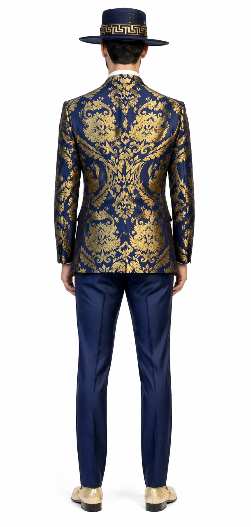 Men’s Navy Blue and Gold Baroque Suit with Matching Vest and Bow Tie – Luxury Formalwear