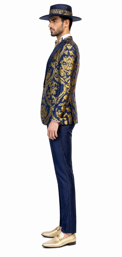 Men’s Navy Blue and Gold Baroque Suit with Matching Vest and Bow Tie – Luxury Formalwear