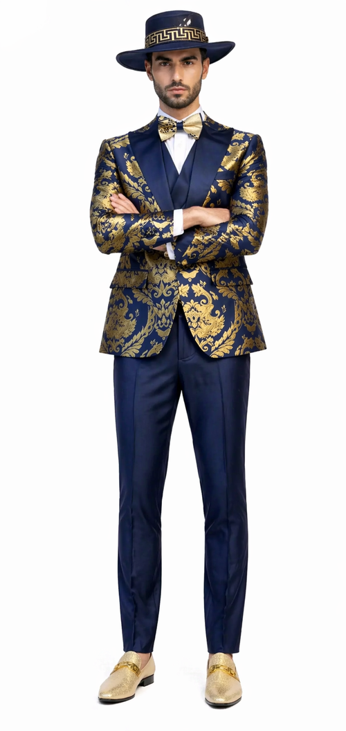 Men’s Navy Blue and Gold Baroque Suit with Matching Vest and Bow Tie – Luxury Formalwear