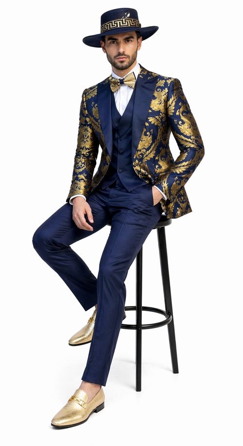 Men’s Navy Blue and Gold Baroque Suit with Matching Vest and Bow Tie – Luxury Formalwear