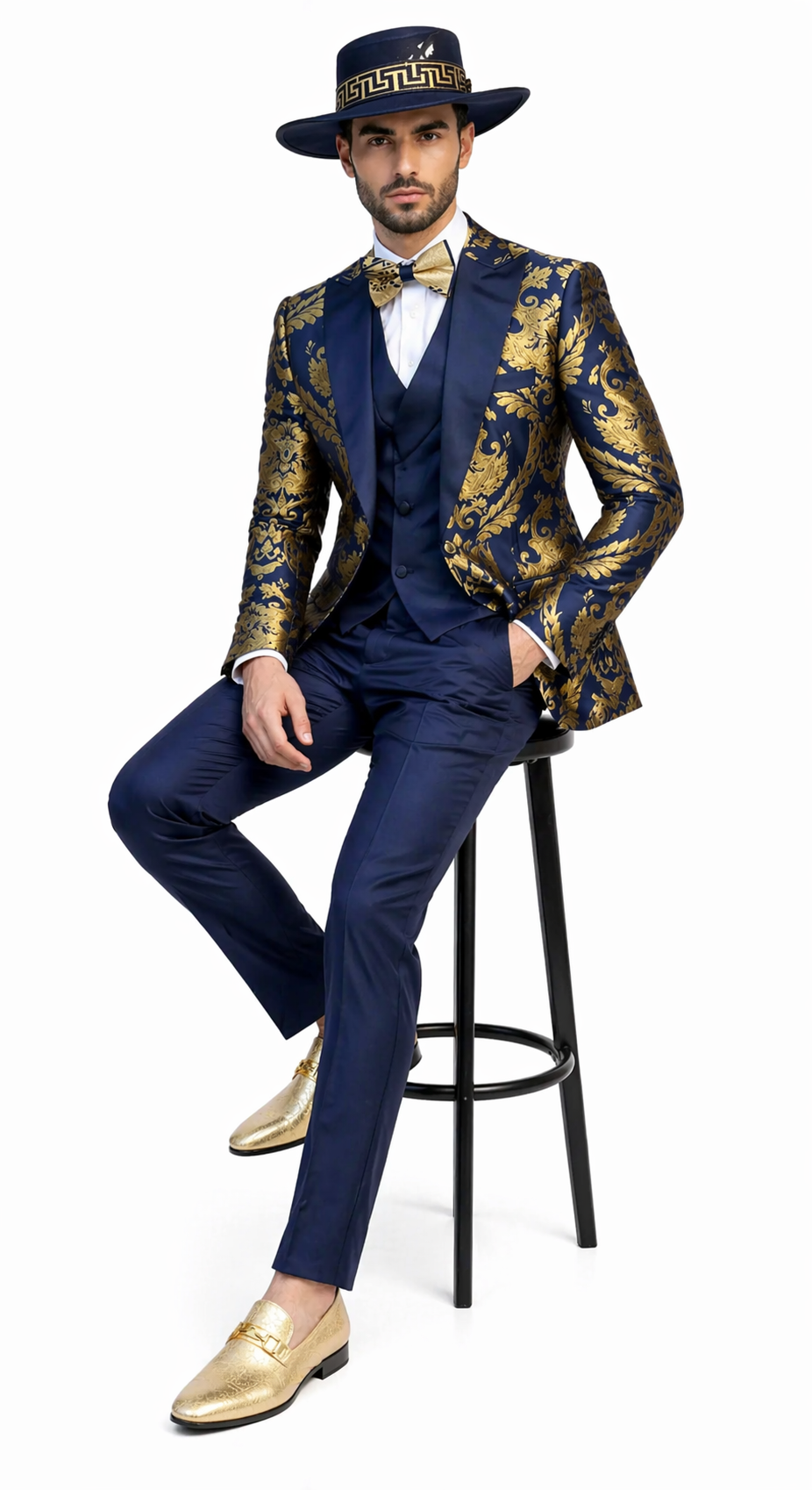 Men’s Navy Blue and Gold Baroque Suit with Matching Vest and Bow Tie – Luxury Formalwear