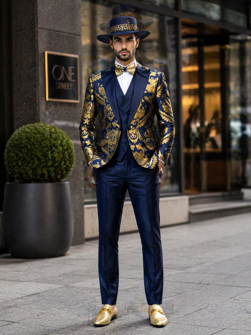Men’s Navy Blue and Gold Baroque Suit with Matching Vest and Bow Tie – Luxury Formalwear