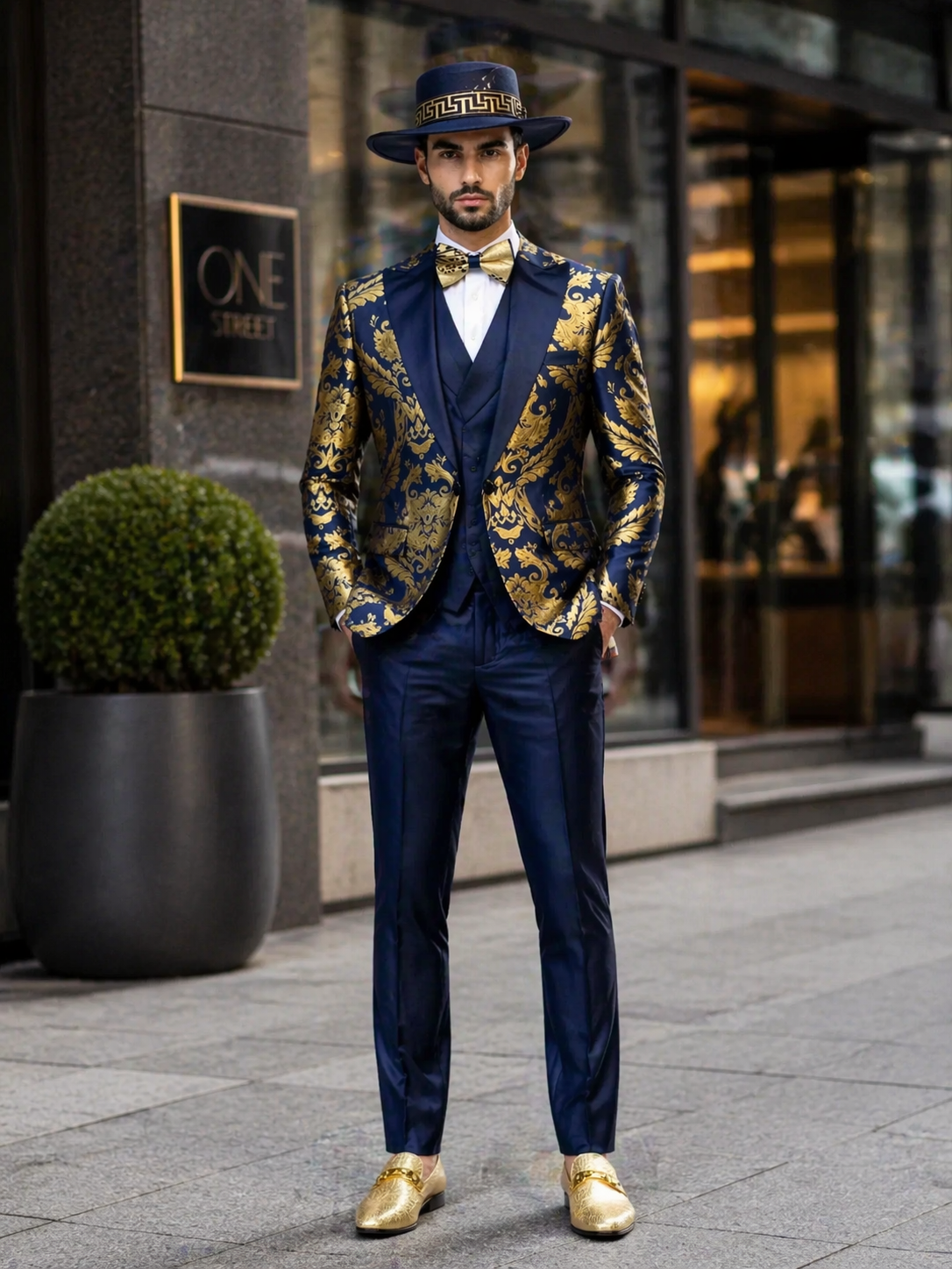 Men’s Navy Blue and Gold Baroque Suit with Matching Vest and Bow Tie – Luxury Formalwear