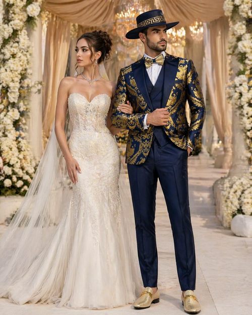 Men’s Navy Blue and Gold Baroque Suit with Matching Vest and Bow Tie – Luxury Formalwear