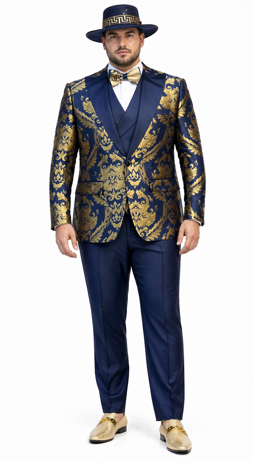 Men’s Navy Blue and Gold Baroque Suit with Matching Vest and Bow Tie – Luxury Formalwear