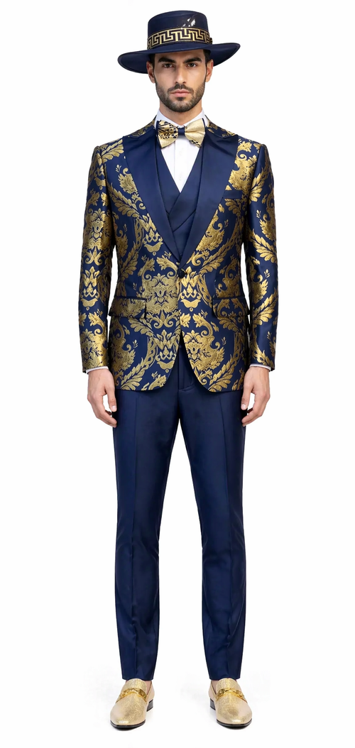 Men’s Navy Blue and Gold Baroque Suit with Matching Vest and Bow Tie – Luxury Formalwear