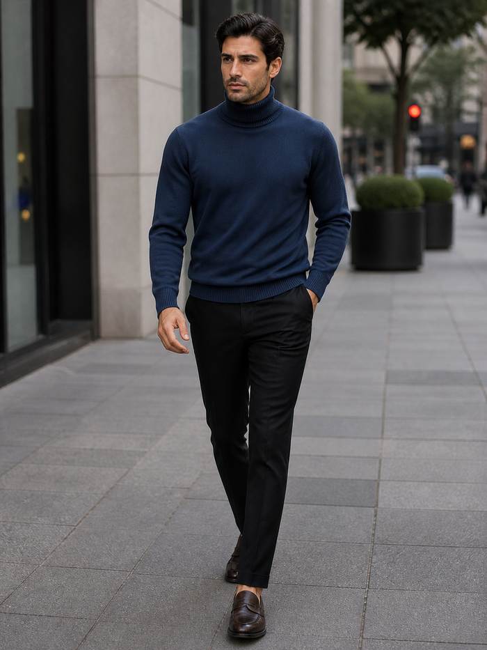 Men's Navy Blue Classic Turtleneck Sweater â€“ Lightweight Knit Pullover