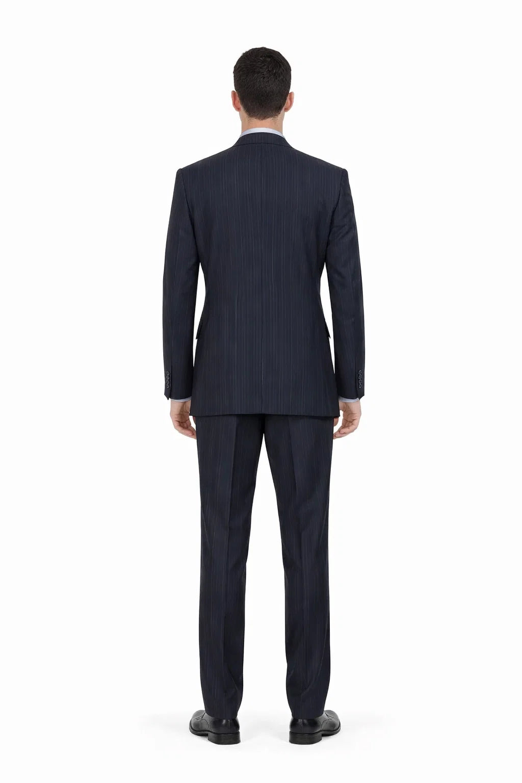 Mens Navy Blue Double Breasted Pinstripe Suit - Peak Lapel Side Vented and Pleated Pants