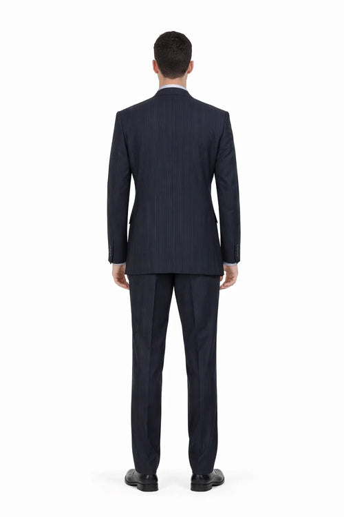 Mens Navy Blue Double Breasted Pinstripe Suit - Peak Lapel Side Vented and Pleated Pants