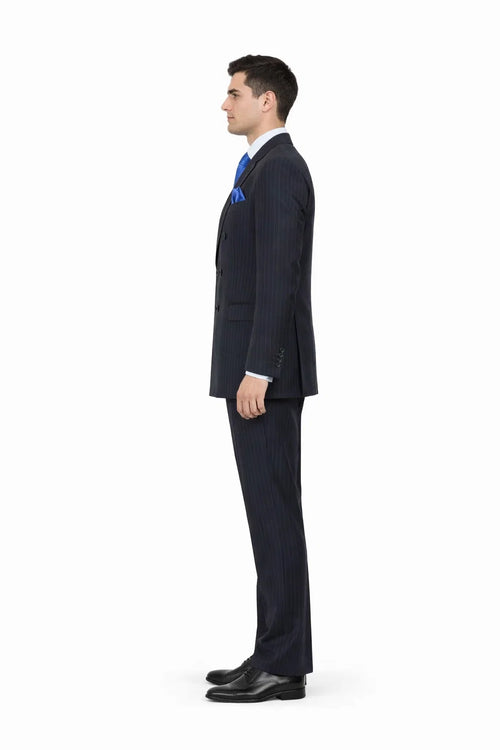 Mens Navy Blue Double Breasted Pinstripe Suit - Peak Lapel Side Vented and Pleated Pants