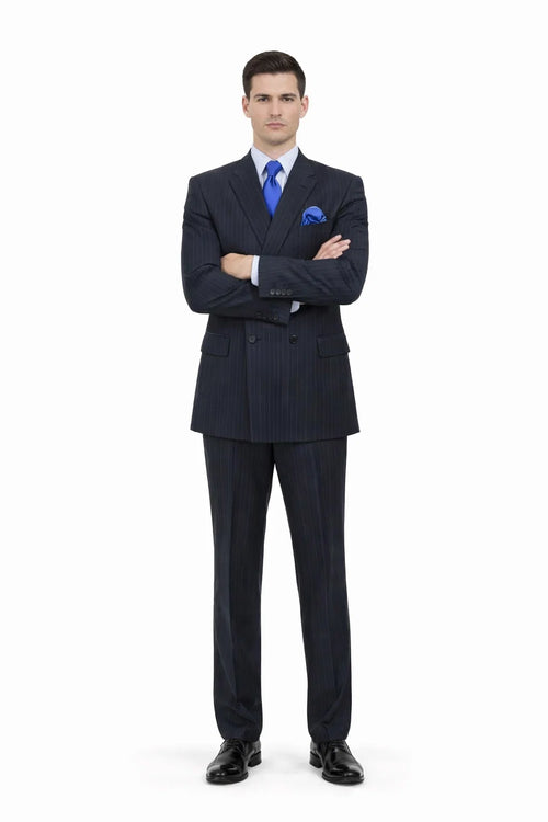Mens Navy Blue Double Breasted Pinstripe Suit - Peak Lapel Side Vented and Pleated Pants