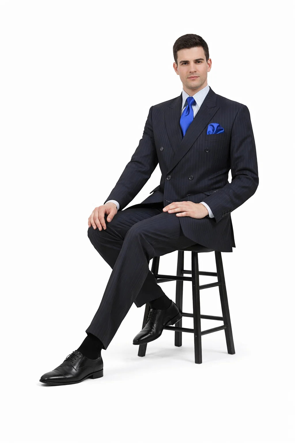 Mens Navy Blue Double Breasted Pinstripe Suit - Peak Lapel Side Vented and Pleated Pants
