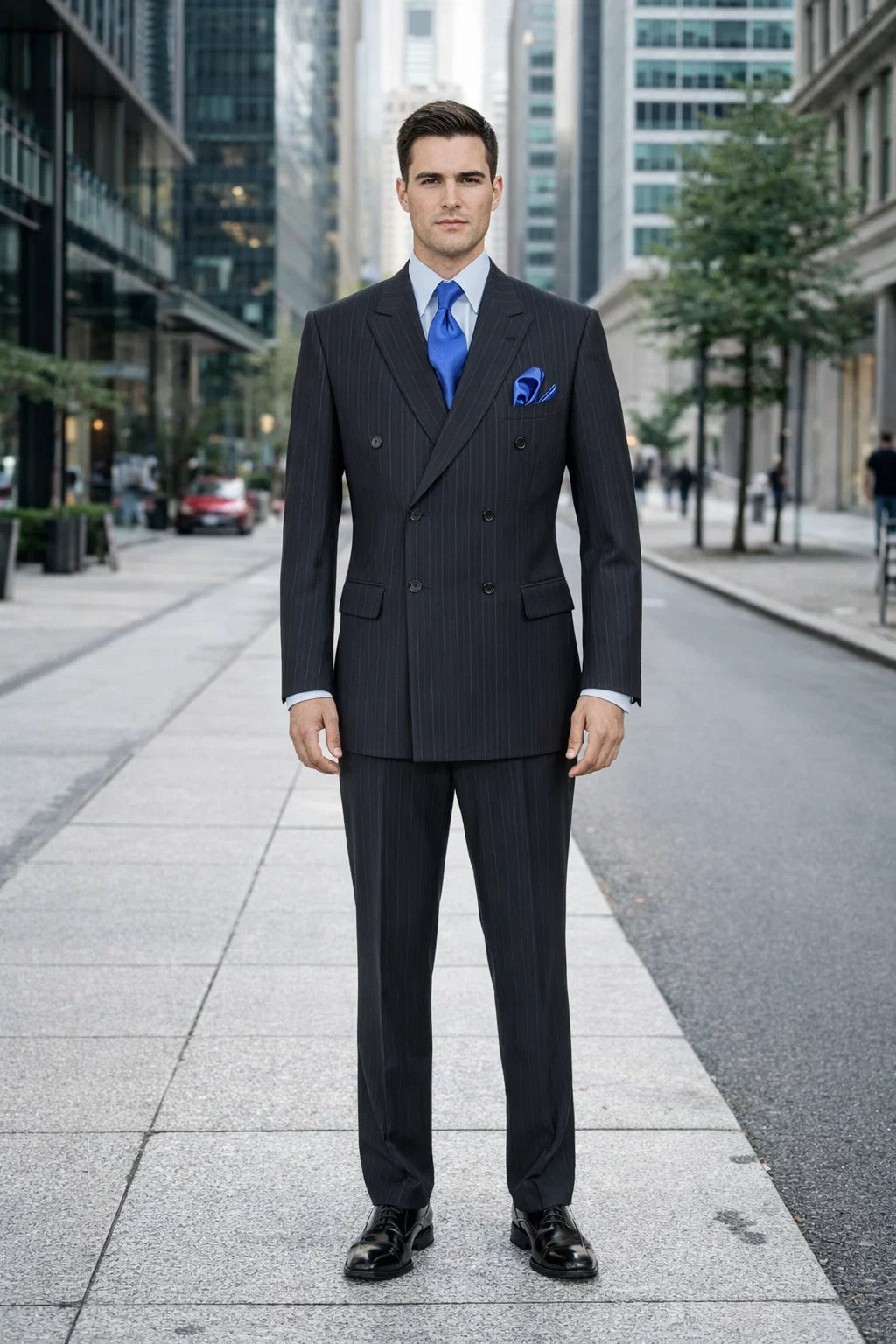 Mens Navy Blue Double Breasted Pinstripe Suit - Peak Lapel Side Vented and Pleated Pants