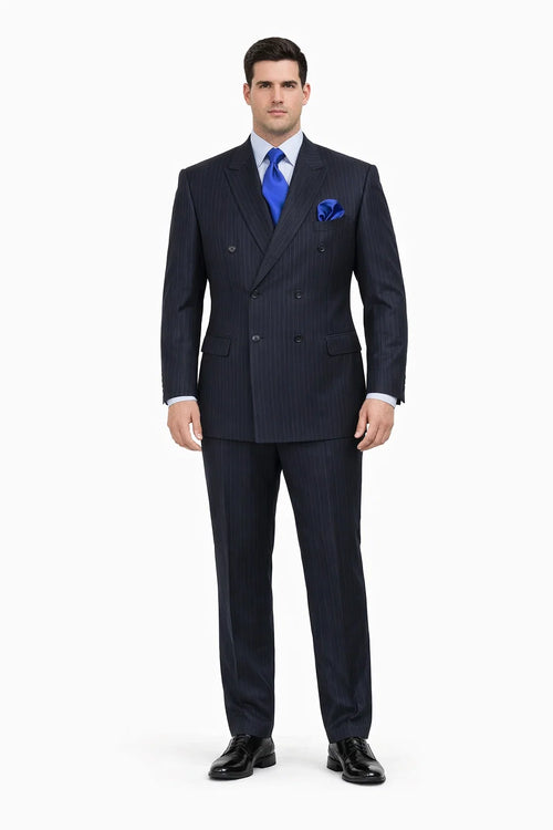 Mens Navy Blue Double Breasted Pinstripe Suit - Peak Lapel Side Vented and Pleated Pants