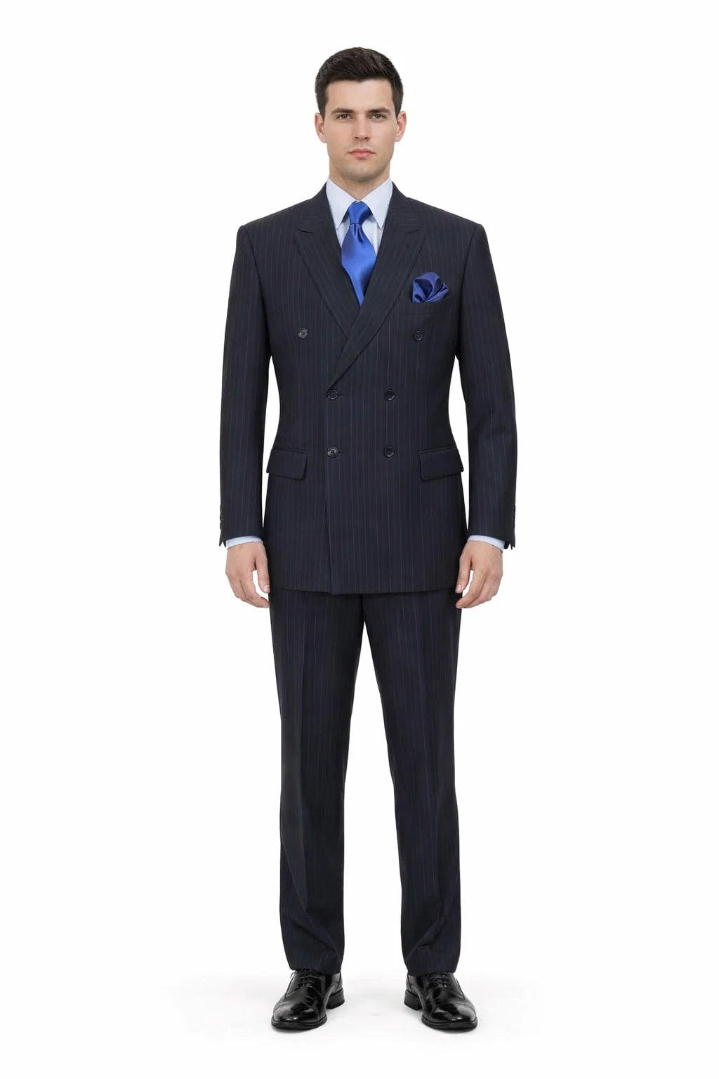 Mens Navy Blue Double Breasted Pinstripe Suit - Peak Lapel Side Vented and Pleated Pants