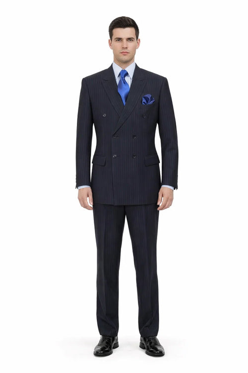 Mens Navy Blue Double Breasted Pinstripe Suit - Peak Lapel Side Vented and Pleated Pants
