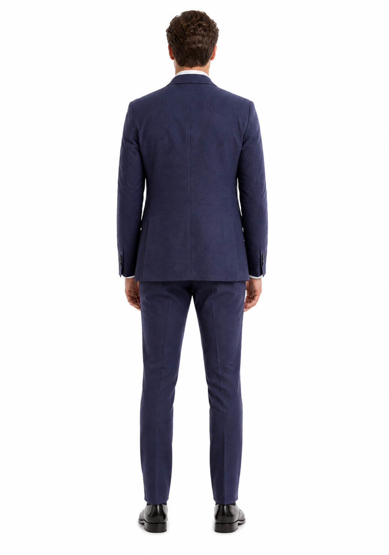 Mens Navy Blue Seersucker Suit – Cotton Fabric Shadow Pattern Ton on Tone Textured Two Button Notch Lapel Formal Summer Suit