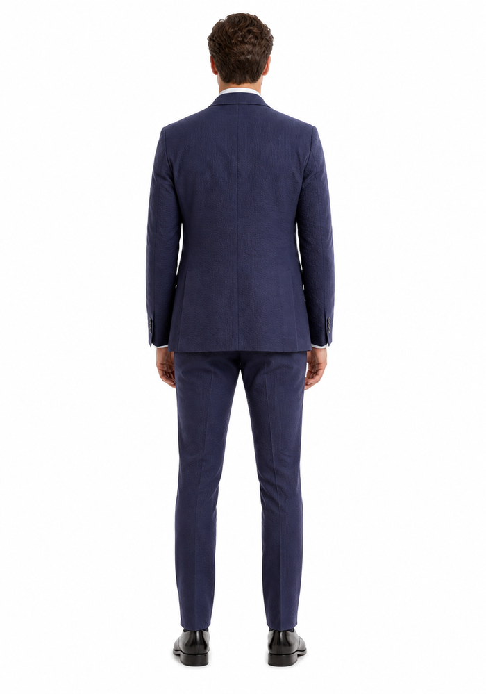 Mens Navy Blue Seersucker Suit – Cotton Fabric Shadow Pattern Ton on Tone Textured Two Button Notch Lapel Formal Summer Suit