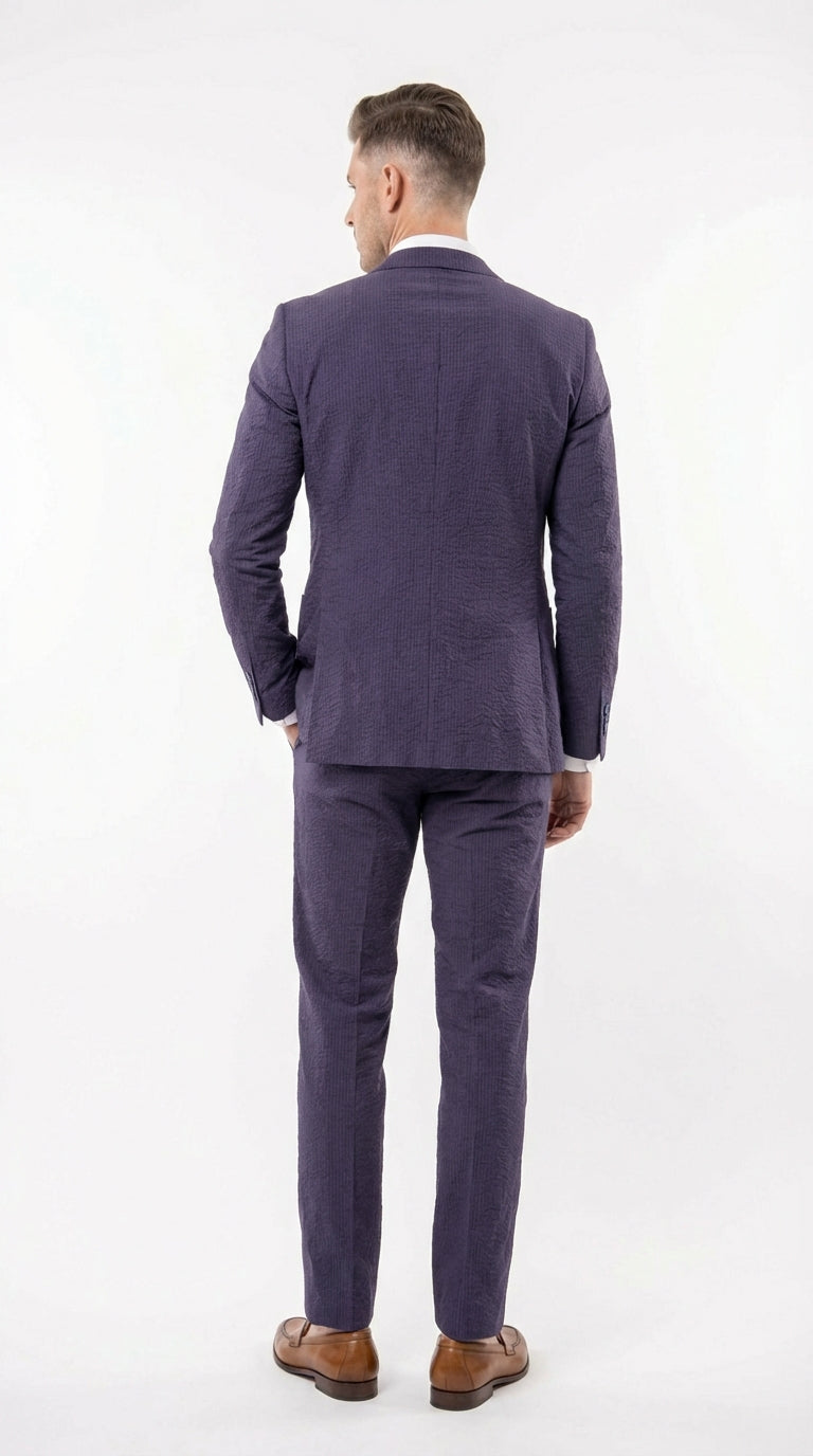 Mens Navy Blue Seersucker Suit – Cotton Fabric Shadow Pattern Ton on Tone Textured Two Button Notch Lapel Formal Summer Suit