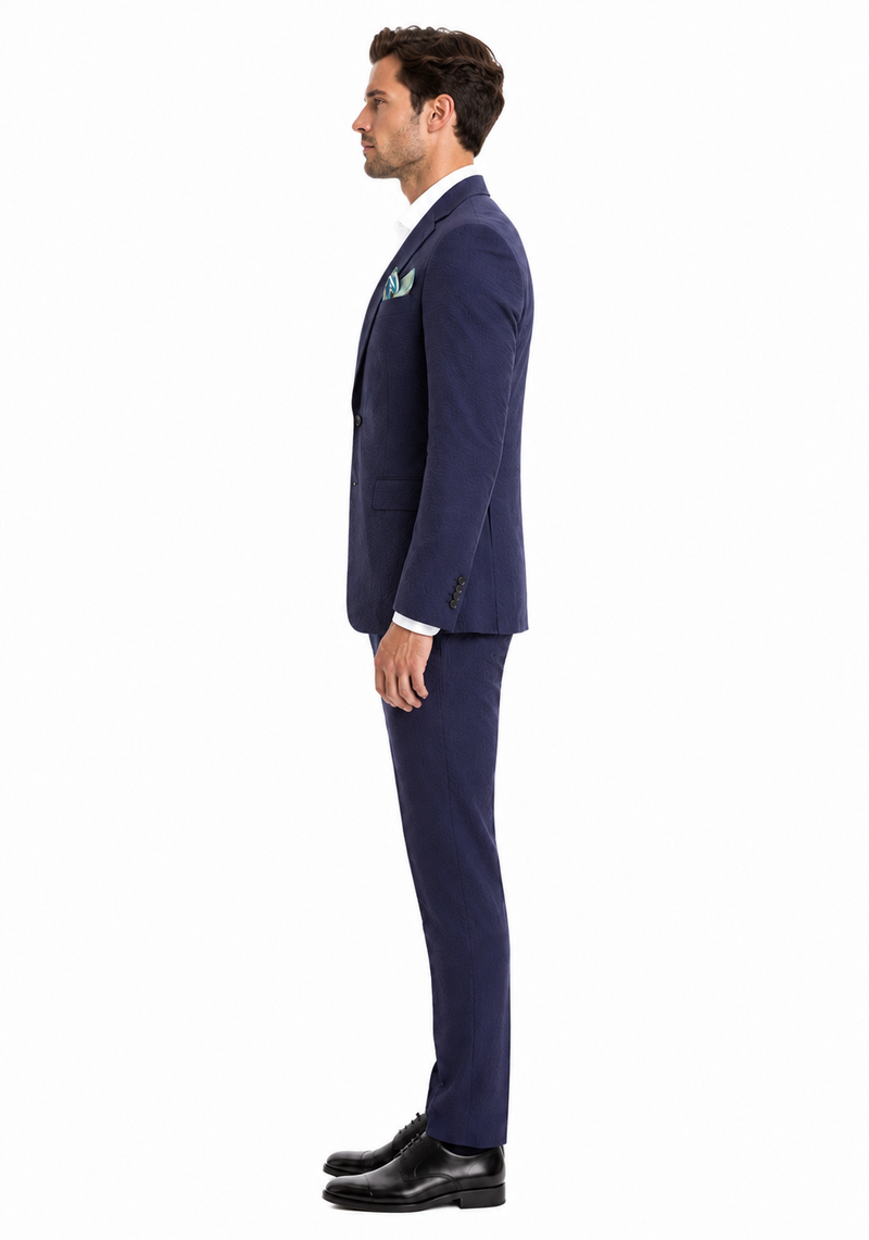 Mens Navy Blue Seersucker Suit – Cotton Fabric Shadow Pattern Ton on Tone Textured Two Button Notch Lapel Formal Summer Suit