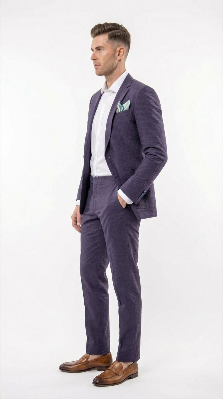 Mens Navy Blue Seersucker Suit – Cotton Fabric Shadow Pattern Ton on Tone Textured Two Button Notch Lapel Formal Summer Suit