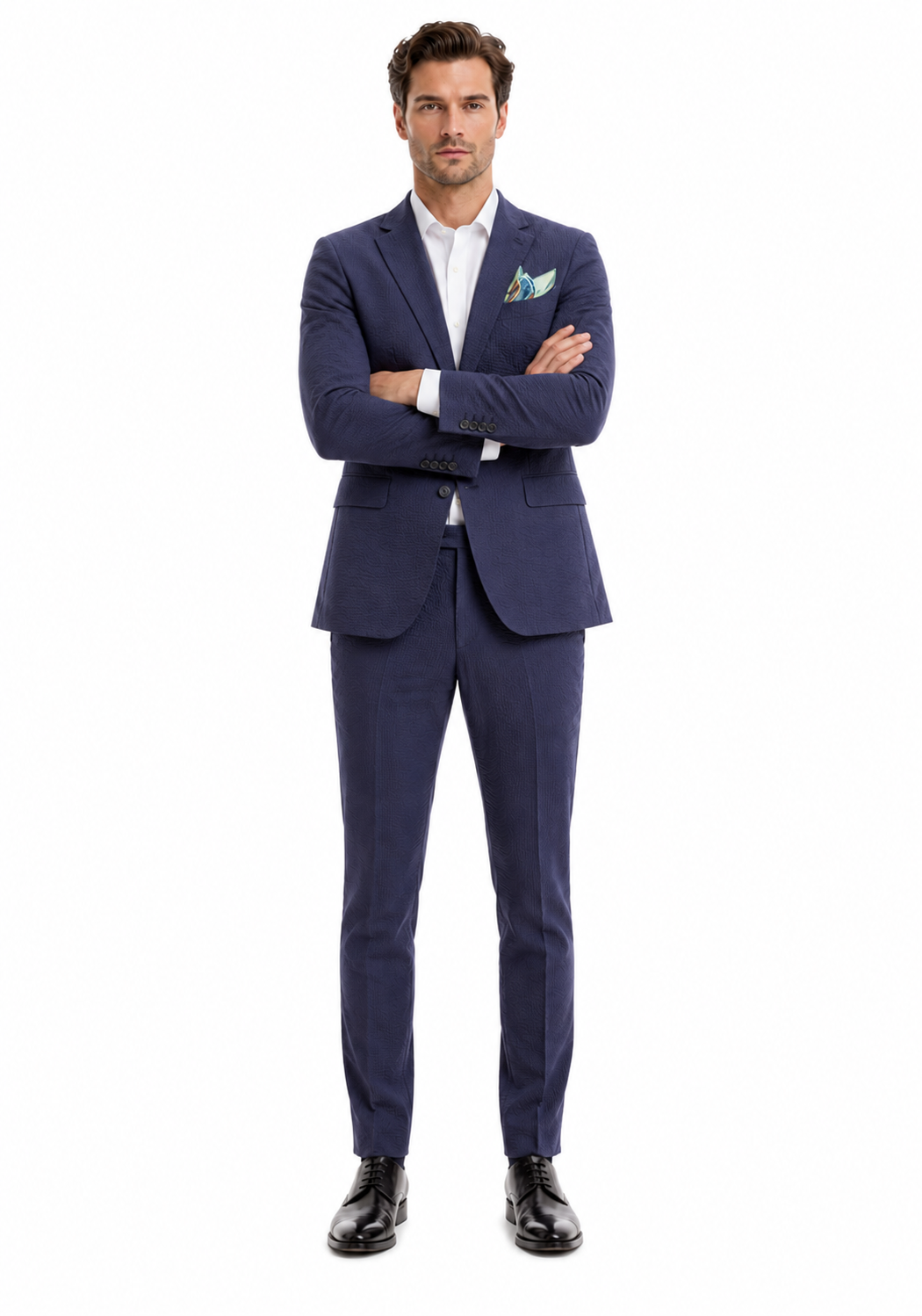 Mens Navy Blue Seersucker Suit – Cotton Fabric Shadow Pattern Ton on Tone Textured Two Button Notch Lapel Formal Summer Suit