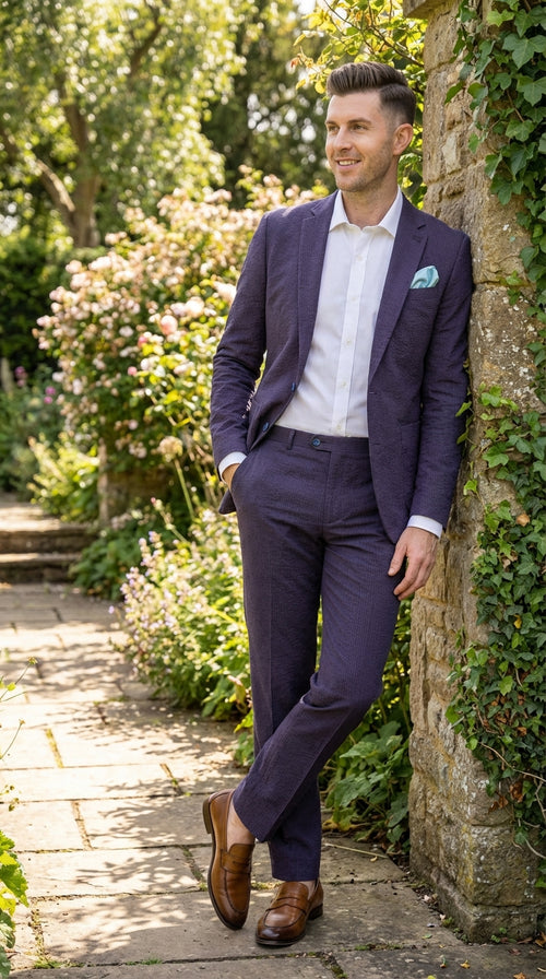 Mens Navy Blue Seersucker Suit – Cotton Fabric Shadow Pattern Ton on Tone Textured Two Button Notch Lapel Formal Summer Suit