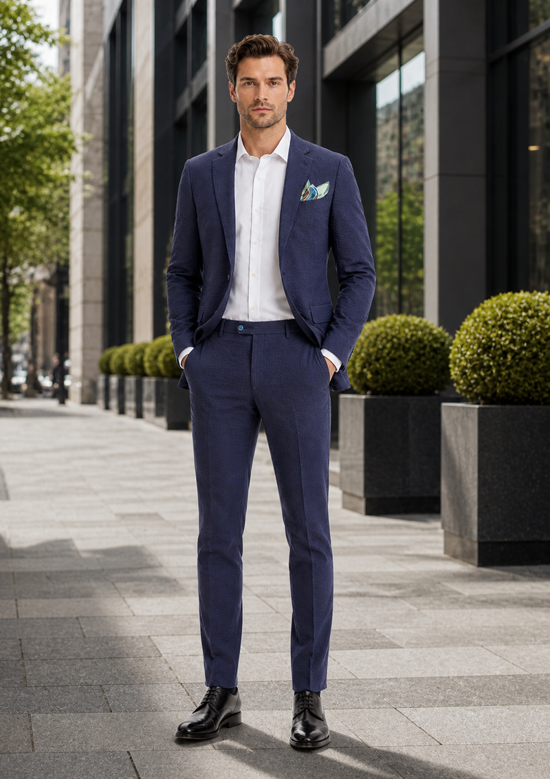 Mens Navy Blue Seersucker Suit – Cotton Fabric Shadow Pattern Ton on Tone Textured Two Button Notch Lapel Formal Summer Suit