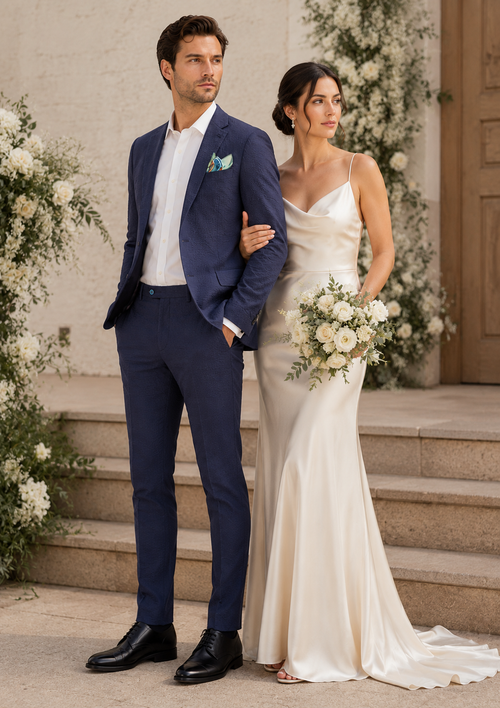 Mens Navy Blue Seersucker Suit – Cotton Fabric Shadow Pattern Ton on Tone Textured Two Button Notch Lapel Formal Summer Suit