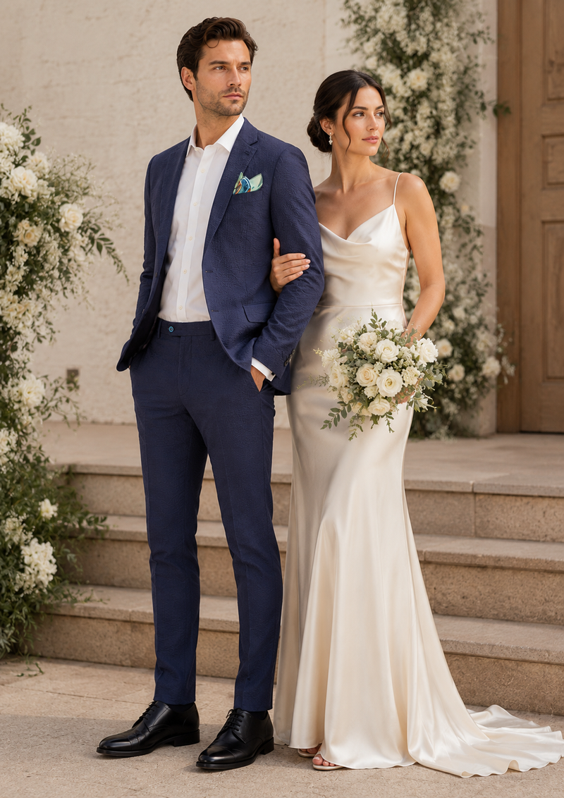 Mens Navy Blue Seersucker Suit – Cotton Fabric Shadow Pattern Ton on Tone Textured Two Button Notch Lapel Formal Summer Suit