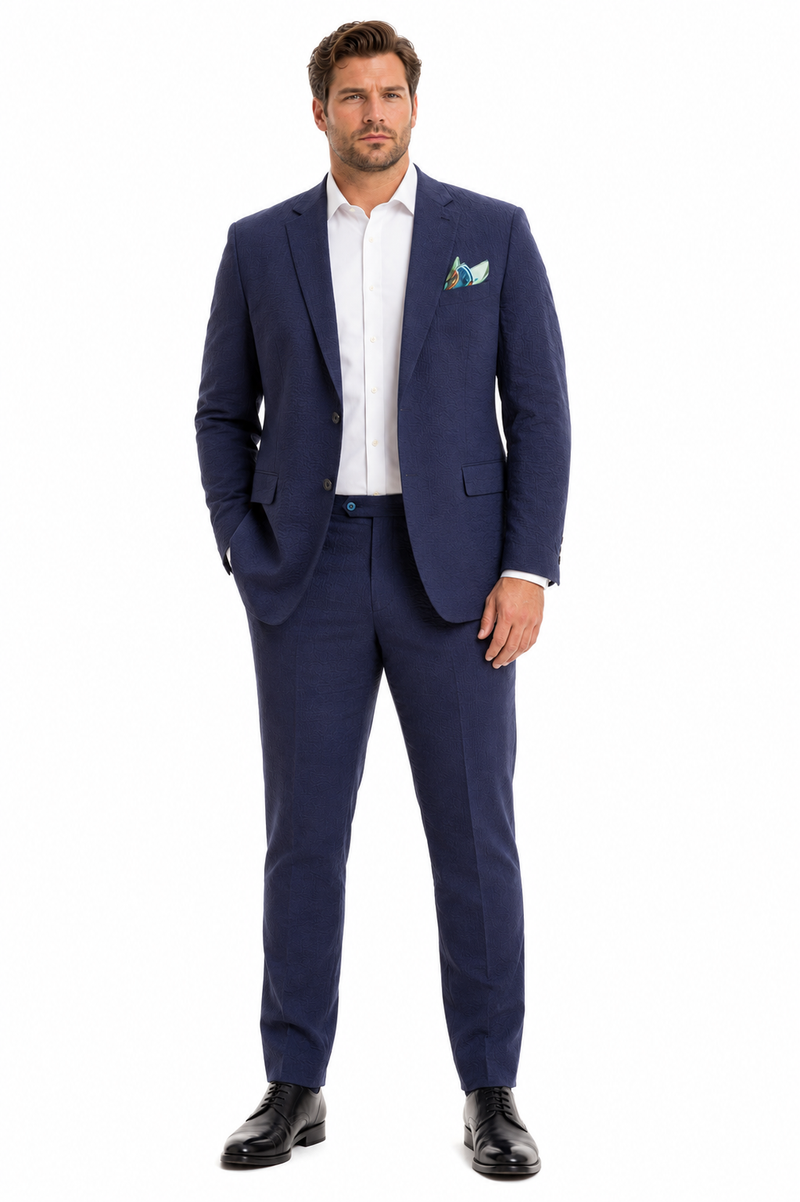 Mens Navy Blue Seersucker Suit – Cotton Fabric Shadow Pattern Ton on Tone Textured Two Button Notch Lapel Formal Summer Suit