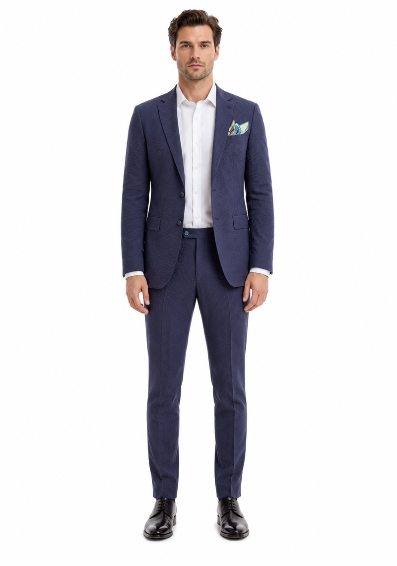 Mens Navy Blue Seersucker Suit – Cotton Fabric Shadow Pattern Ton on Tone Textured Two Button Notch Lapel Formal Summer Suit