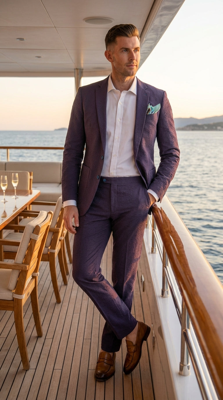 Mens Navy Blue Seersucker Suit – Cotton Fabric Shadow Pattern Ton on Tone Textured Two Button Notch Lapel Formal Summer Suit