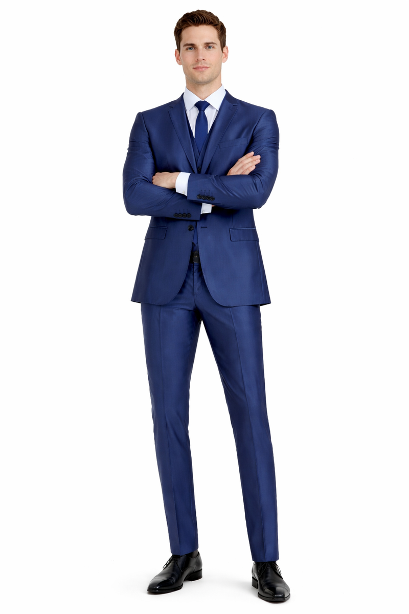 Mens Navy Blue Shiny Finish 3-Piece Suit Set Premium Tailored Fit Formal Wedding and Party Sateen Slim Fitted Suit