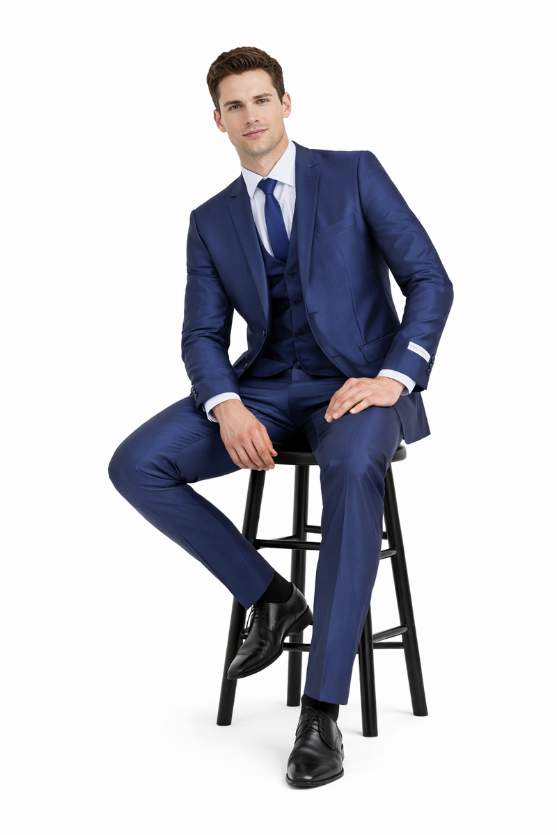 Mens Navy Blue Shiny Finish 3-Piece Suit Set Premium Tailored Fit Formal Wedding and Party Sateen Slim Fitted Suit