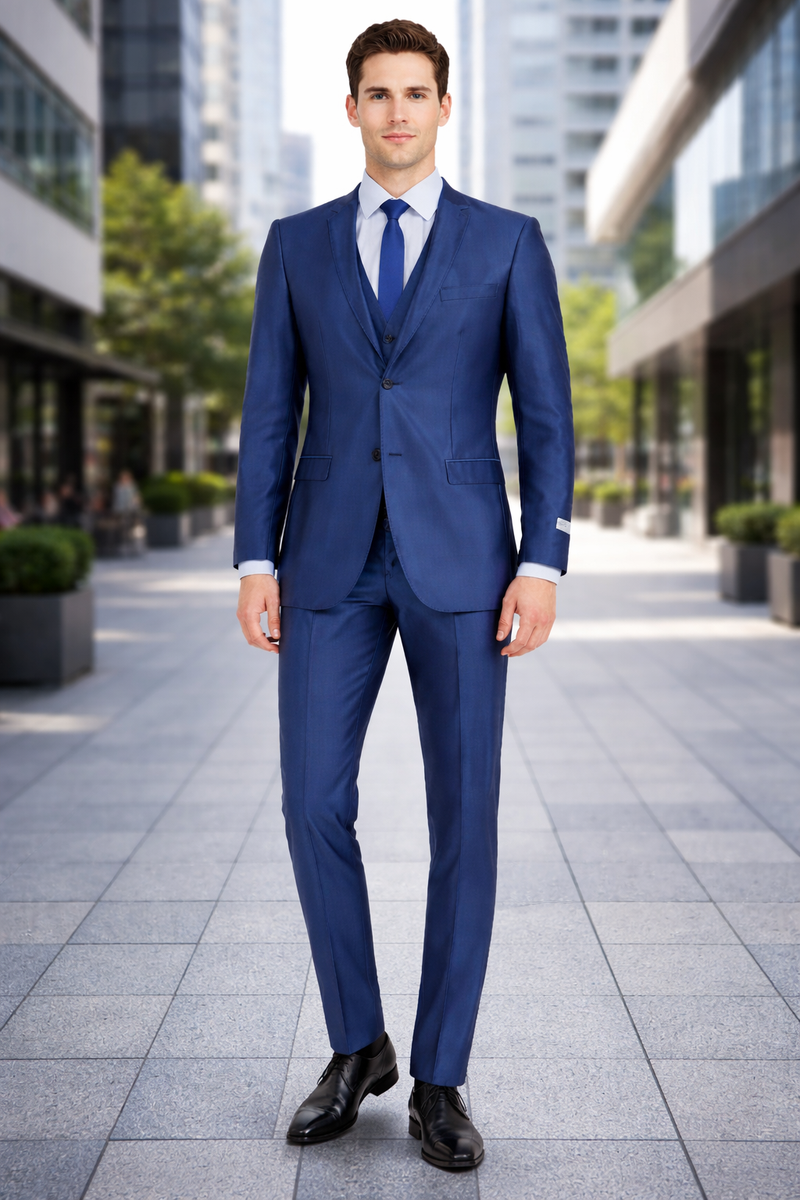 Mens Navy Blue Shiny Finish 3-Piece Suit Set Premium Tailored Fit Formal Wedding and Party Sateen Slim Fitted Suit
