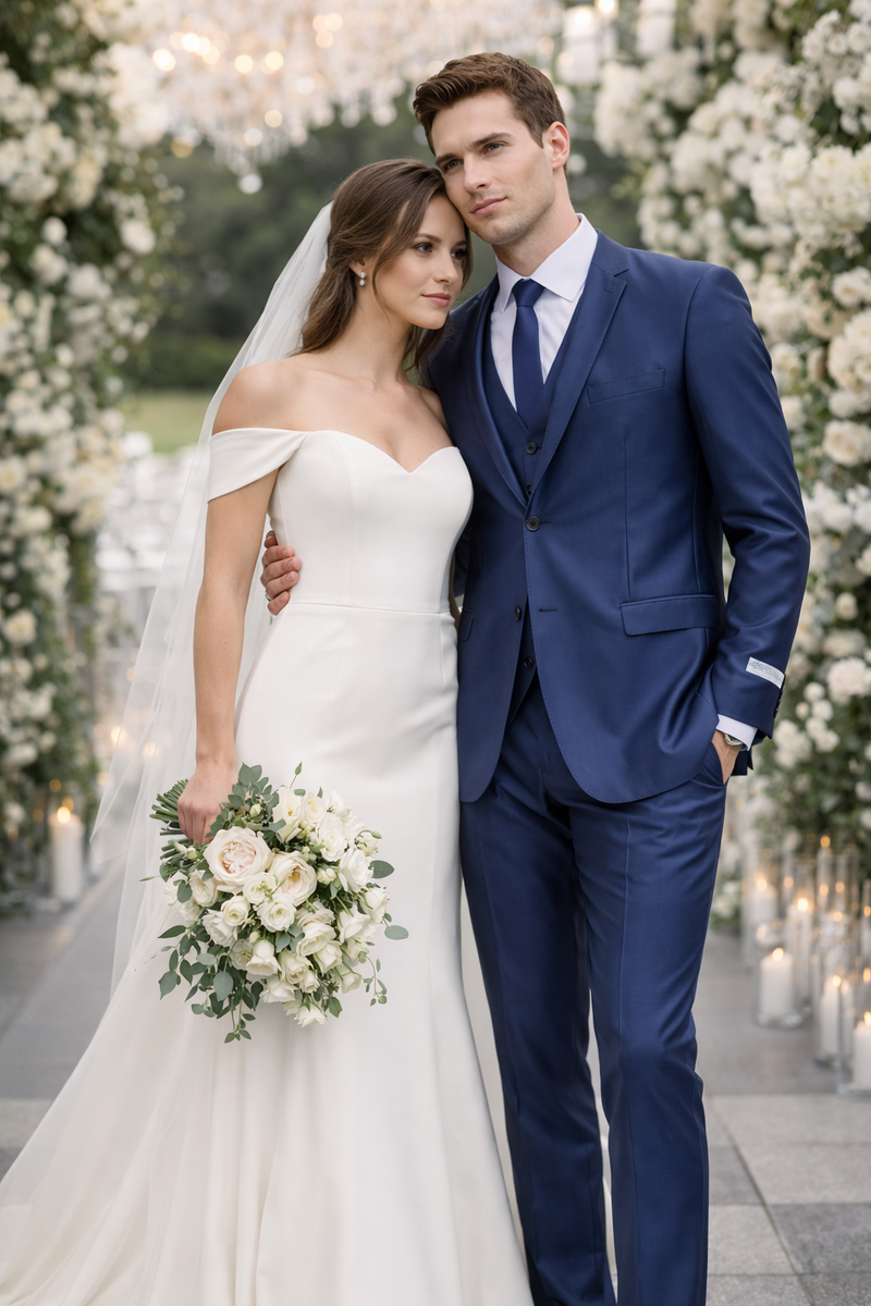 Mens Navy Blue Shiny Finish 3-Piece Suit Set Premium Tailored Fit Formal Wedding and Party Sateen Slim Fitted Suit