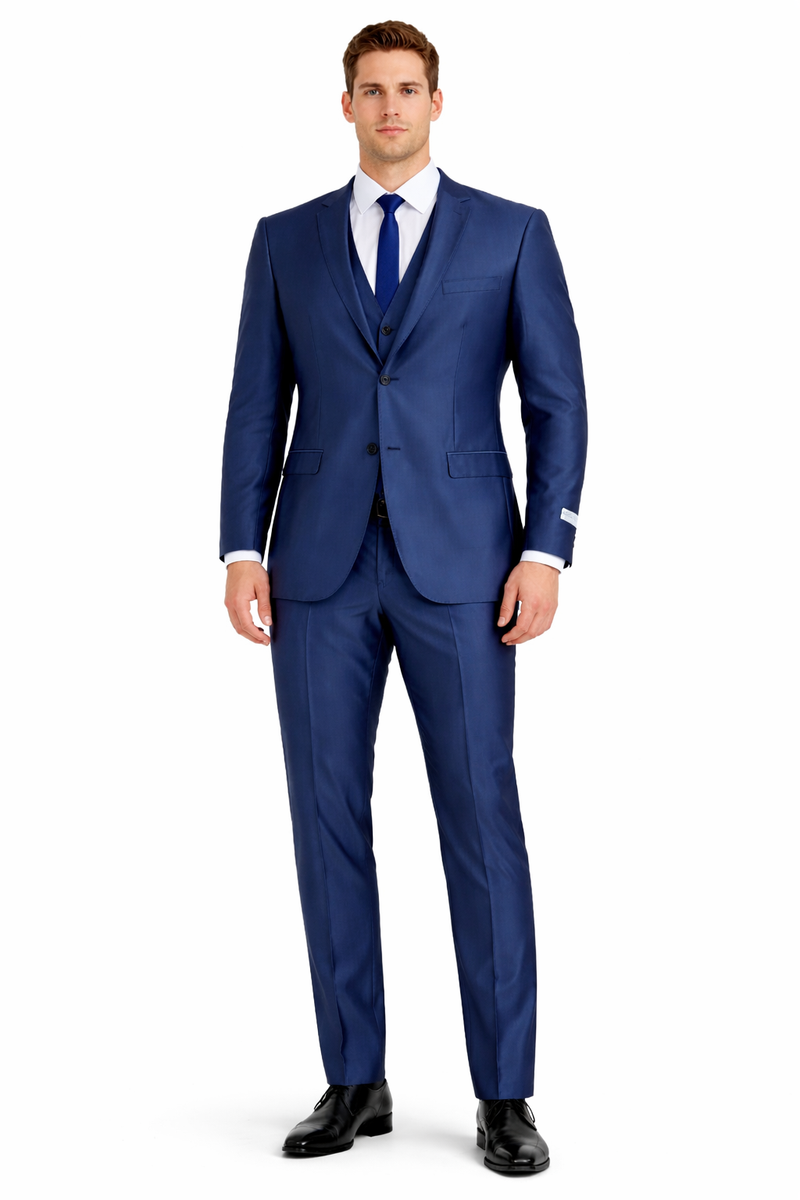 Mens Navy Blue Shiny Finish 3-Piece Suit Set Premium Tailored Fit Formal Wedding and Party Sateen Slim Fitted Suit