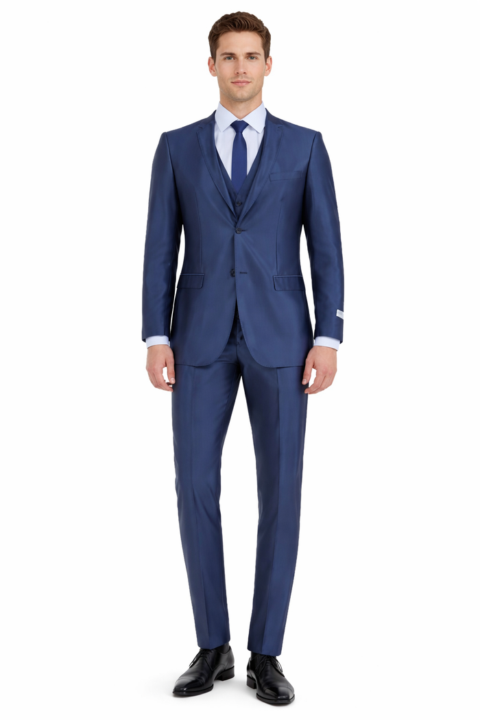 Mens Navy Blue Shiny Finish 3-Piece Suit Set Premium Tailored Fit Formal Wedding and Party Sateen Slim Fitted Suit