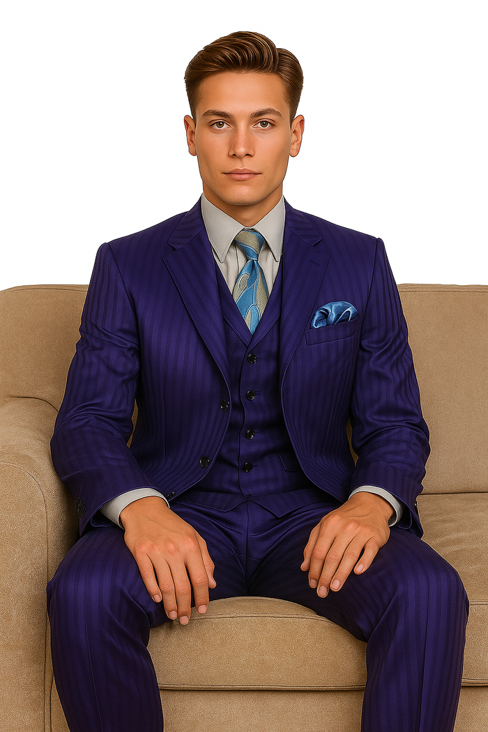 "Navy Blue Men's Shiny Tonal Stripe Fashion Suit - 4 Button Semi Wide Leg"