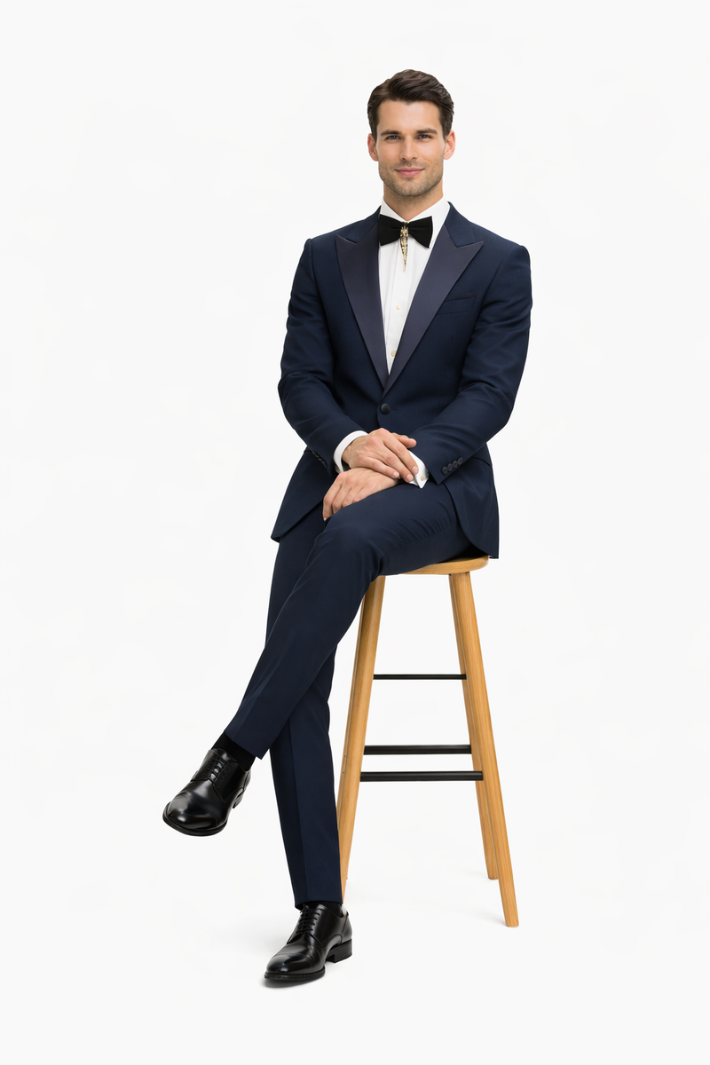 Men’s Navy Blue Suits with Satin Peak Lapel – Formal 2-Piece Set