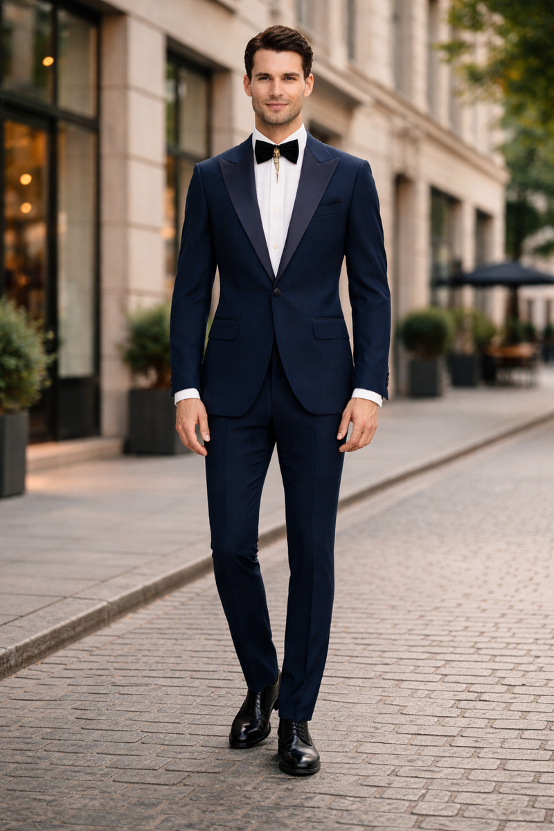 Men’s Navy Blue Suits with Satin Peak Lapel – Formal 2-Piece Set