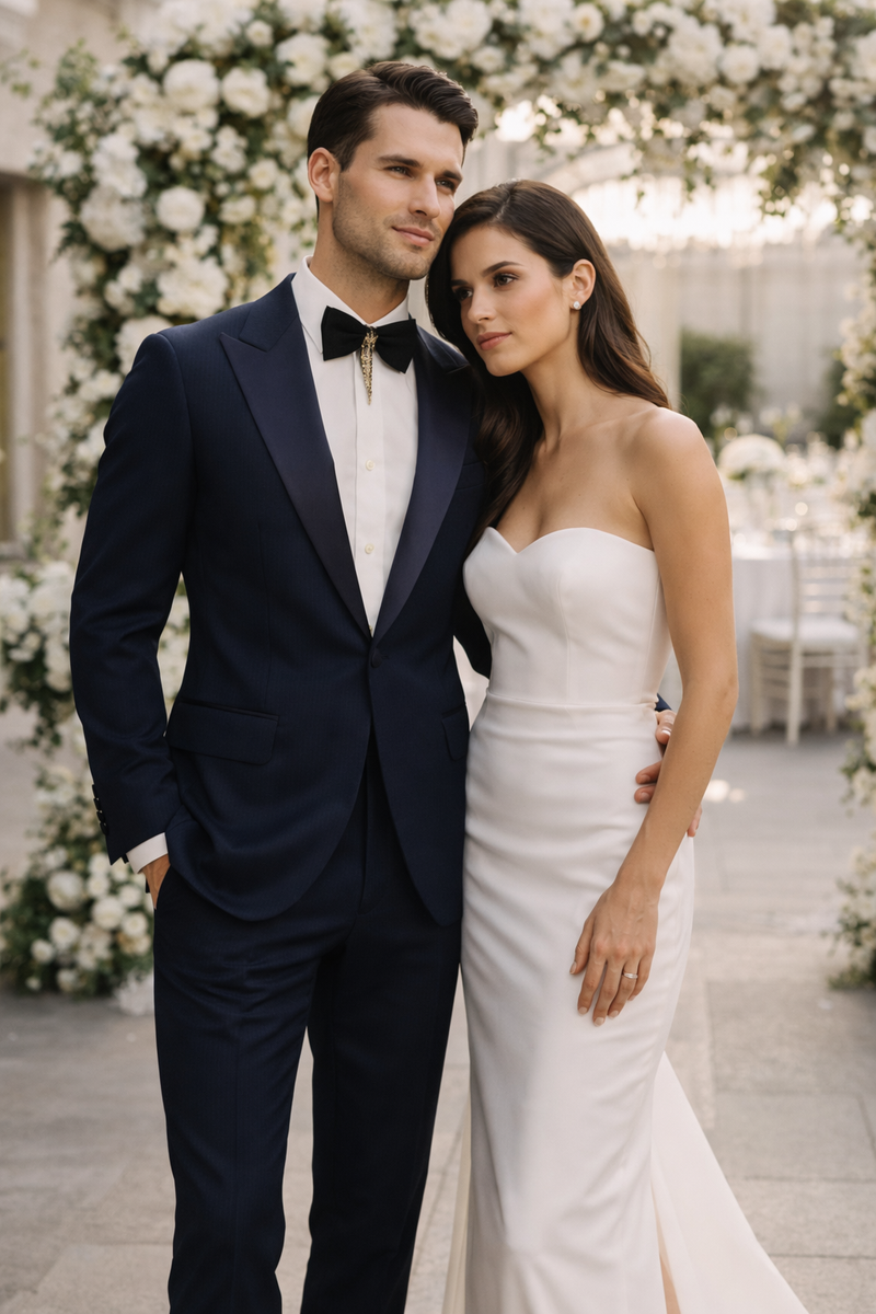 Men’s Navy Blue Suits with Satin Peak Lapel – Formal 2-Piece Set